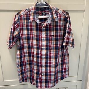 CHAPS Short Sleeved Plaid Dress Shirt Men's Size Medium Red Orange Navy LIKE NEW
